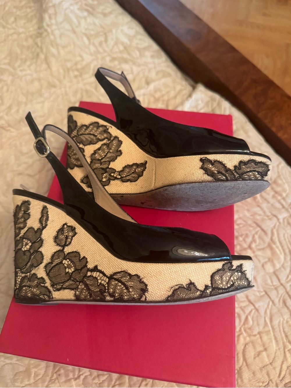 Valentino Garavani Black Patent Peep-Toe Slingback Wedges